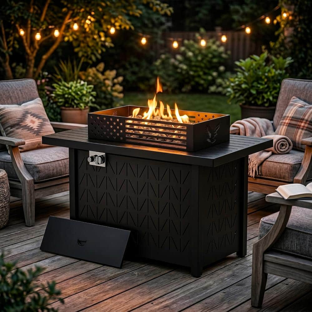 Vornel 43 in. Black Rectangular Metal Propane Gas Fire Pit Table 50000 ...