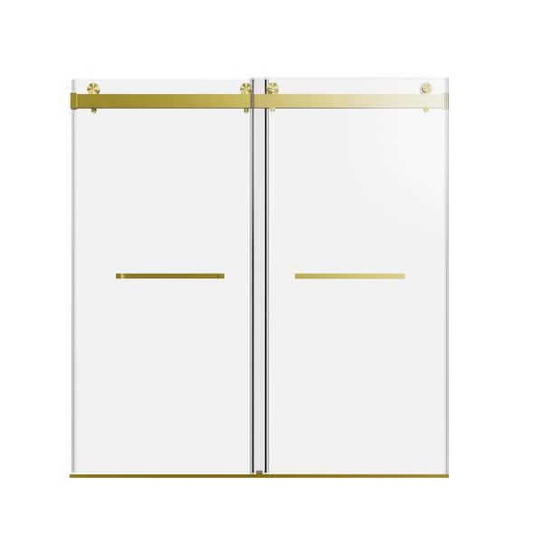 72 in. W x 76 in. H Double Sliding Frameless Soft-Close Shower Door with 3/8 in. Thick SGCC Tempered Glass Brushed Gold