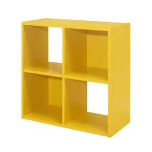 SignatureHome Height 24 in. Tall Yellow Finish Wood 4-Cube Shelf Standard Bookcase with Back Panel 2 Closed, 2 Open