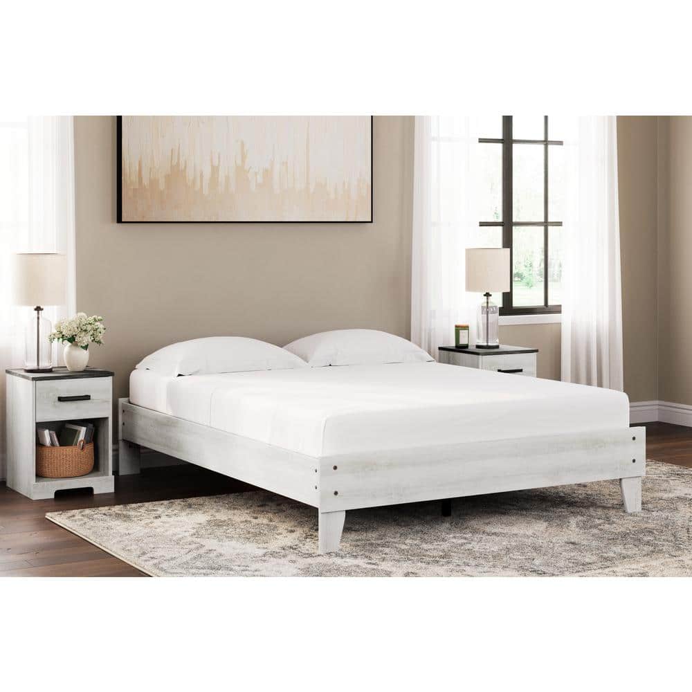 Chic Provincial Queen Platform Bed with Wood Frame in White & Dark Charcoal