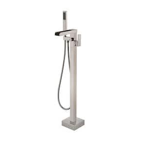 Single-Handle Free Standing Waterfall Tub Filler Bathroom Tub Faucet with Handheld Shower in Brushed Nickel