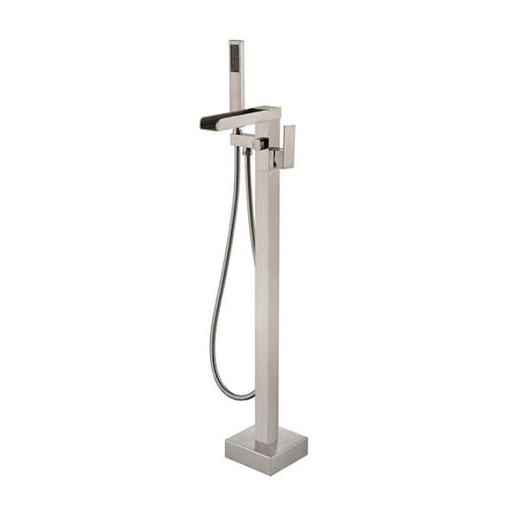 Tahanbath Single-Handle Free Standing Waterfall Tub Filler Bathroom Tub Faucet with Handheld Shower in Brushed Nickel