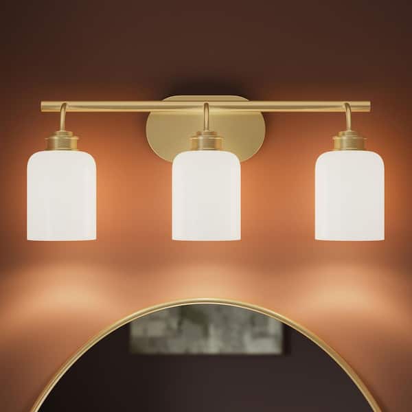 Reines 21.5 In. 3-Light Brushed Gold New Traditional Bath Vanity Light with Opal Glass Shades
