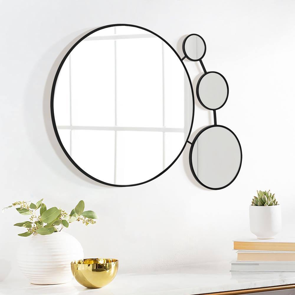LuxenHome Black Metal Frame Round Wall Mirror with Small Mirrors