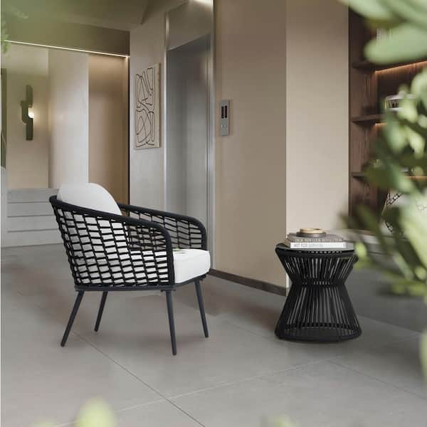 3-Piece Black Wicker Metal Outdoor Furniture Patio Conversation Set Stylish Balcony Porch Set with White Cushion