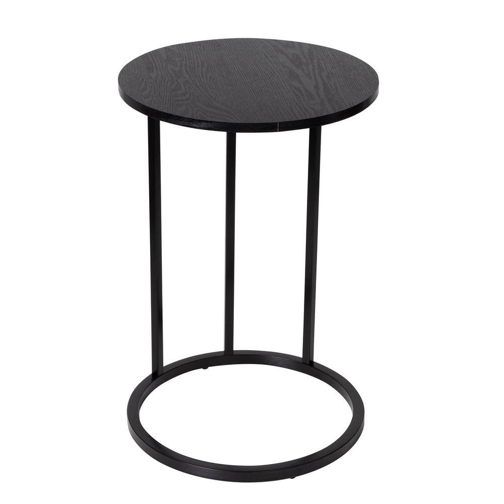 Black Round Wood and Metal C-Shaped End Table