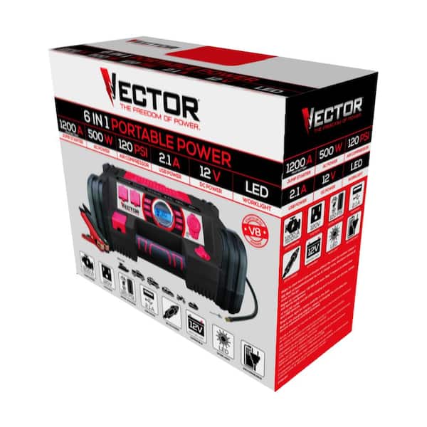 VECTOR 800 Peak Amp Automotive Jump Starter, Portable Power – Triple 15W  USB Ports, 120 PSI Air Compressor J7CV - The Home Depot