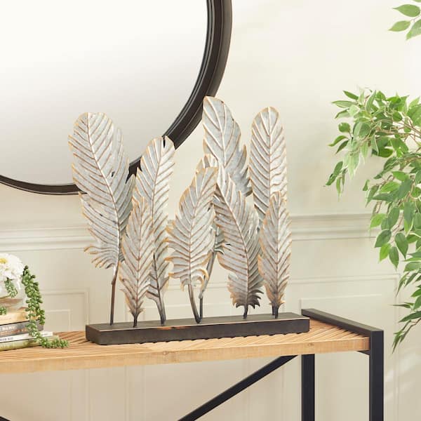 5 in. x 21 in. Gray Metal Feathers Bird Sculpture