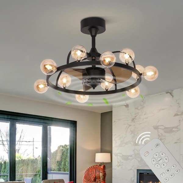 JC TOPA Standard 35 in. Indoor Black Downrod Mounting Smart Simple Retro Ceiling Fan with Light Kit with Remote Control