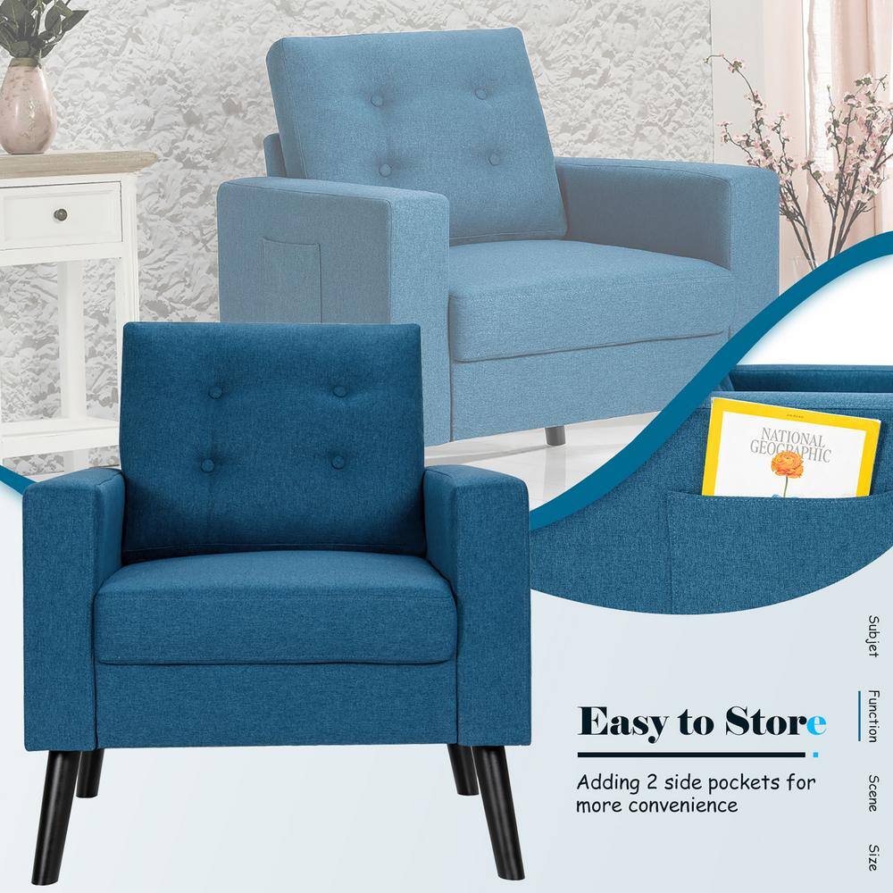 Navy Blue Fabric Upholstered Armchair with Side Pockets