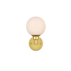 Simply Living 6 in. 1-Light Modern Brass Vanity Light with Frosted White Round Shade