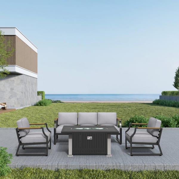 moda furnishings Ulrica Black 4-Piece Aluminum Patio Fire Pit Conversation Set with Gray Cushions