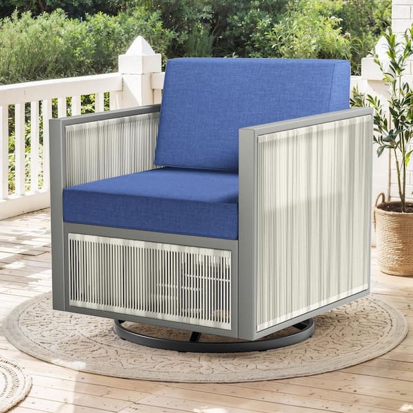 moosprr Modern Industrial Light Beige Swivel Glider Wicker Outdoor Rocking Chair with Olefin Blue Cushions (1-Pack)