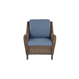 Cambridge Brown Wicker Outdoor Patio Lounge Chair with Sunbrella Denim Blue Cushions