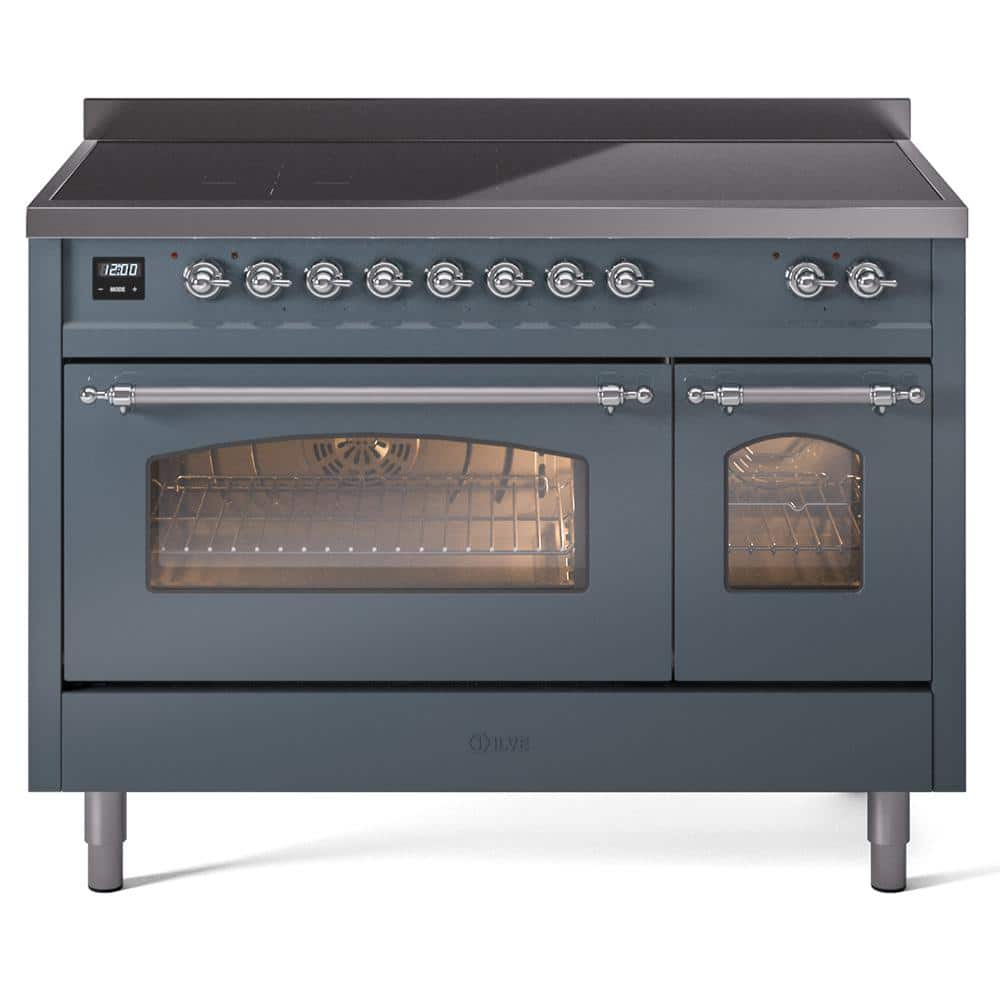 Nostalgie 48 in. 6 Zone Freestanding Double Oven Induction Range in Blue Grey with Chrome Trim -  ILVE, UPI486NMPBGC