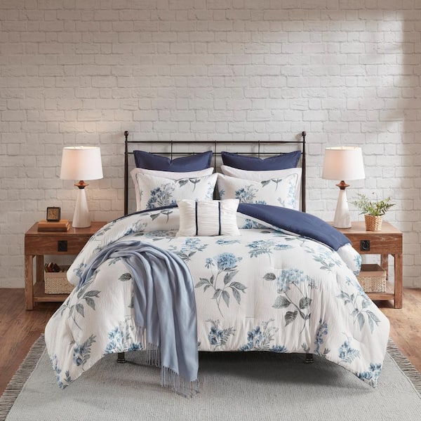 Madison Park Monah Blue Microfiber Full/Queen Printed Seersucker Comforter Set