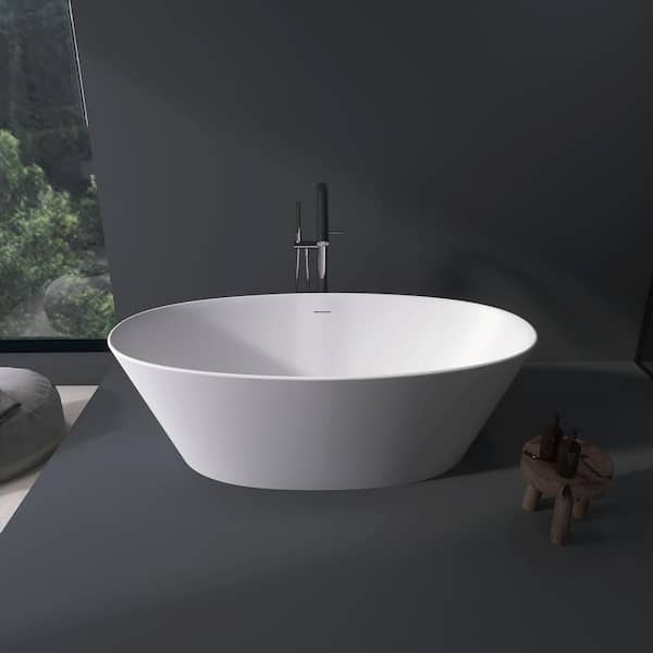 Moray 67 in. x 34 in. Solid Surface Stone Resin Flatbottom Freestanding Bathtub Soaking Bathtub in Matte White