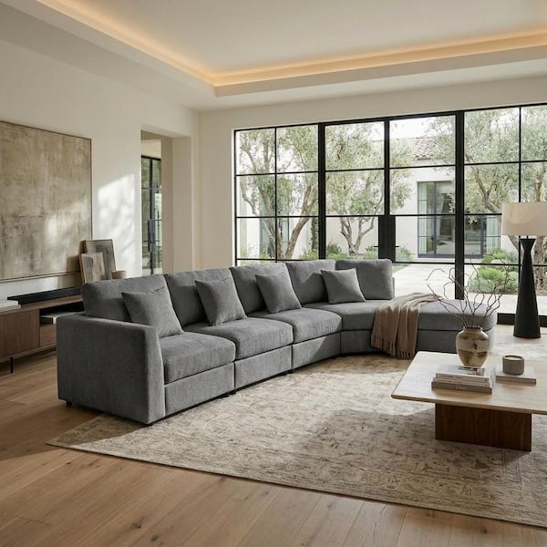 160.43 in. Chenille Curved Sectional Sofa with Solid Wood Frame,4 Throw Pillows for Living Room in Grey