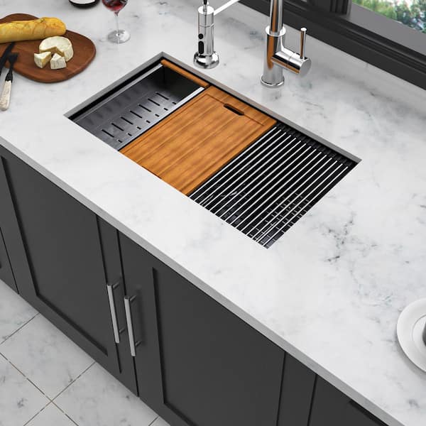 30 in. Undermount Single Bowl 16 Gauge Gunmetal Black Stainless Steel Kitchen Sink with Workstation