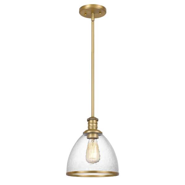 Worldwide Lighting Cloe 9 in. x 9 in. x 10.5 in. 1-Light Vintage Brass Finish Harmer Glass Pendant