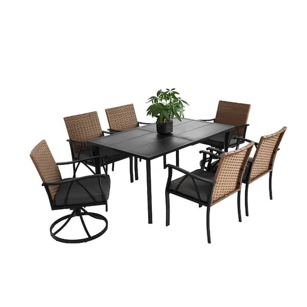 WTVWTV 7-Piece Steel Wicker Outdoor Dining Set 6 Chairs and Table,with 2 Cushions Swivel Rocker Chairs,4 Cushions chairs,Brown
