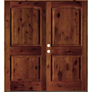 60 in. x 80 in. Rustic Knotty Alder 2-Panel Arch Top Red Chestnut Stain Right-Hand Wood Double Prehung Front Door