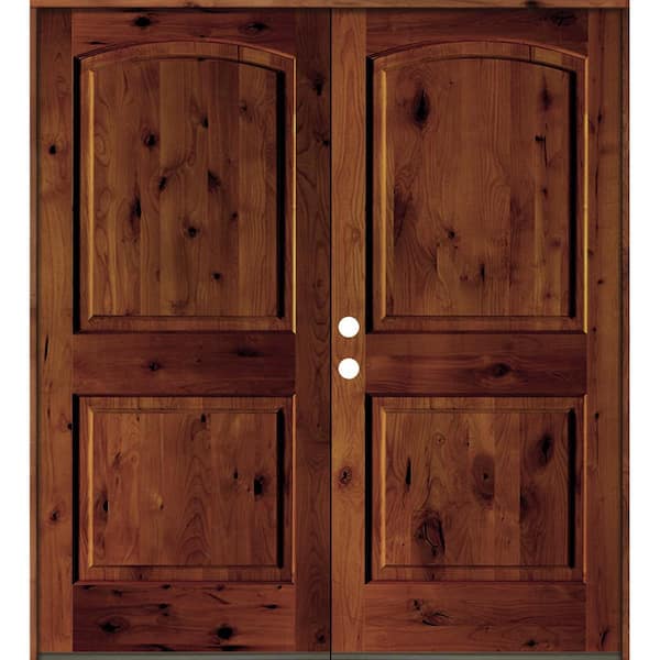 Krosswood Doors 72 in. x 80 in. Rustic Knotty Alder 2-Panel Arch Top Red Chestnut Stain Right-Hand Wood Double Prehung Front Door