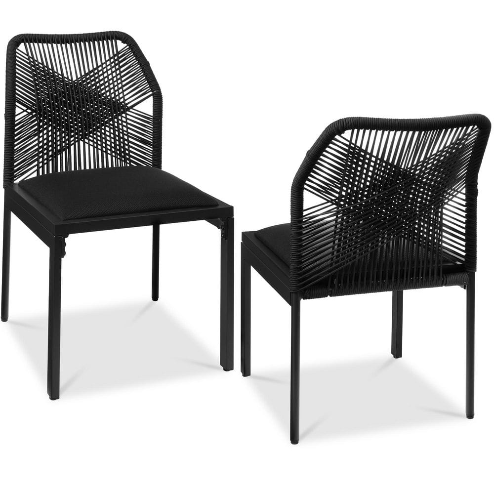 Set of 2 Indoor/Outdoor Aluminum Woven Side Dining Chairs w/ All-Weather Rope-Black/Obsidian