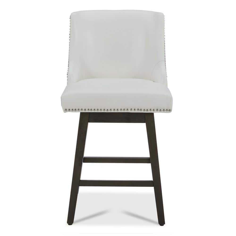 White Faux Leather Swivel Counter Stools with Espresso Wood Frame, Set of 2