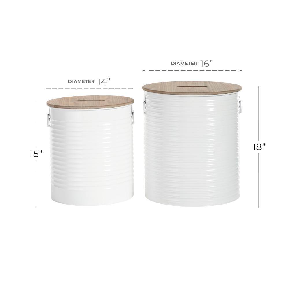 White Metal Cylinder Storage Stools with Brown Wood Tops, Set of 2