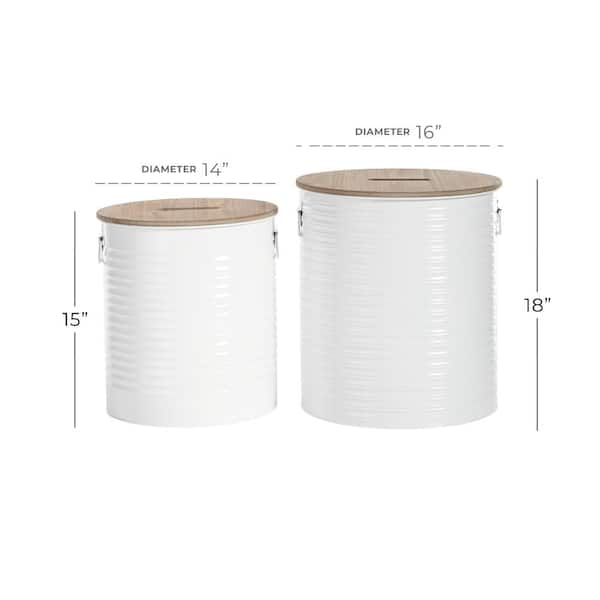 White Storage Stool with Brown Wood Top (Set of 2)