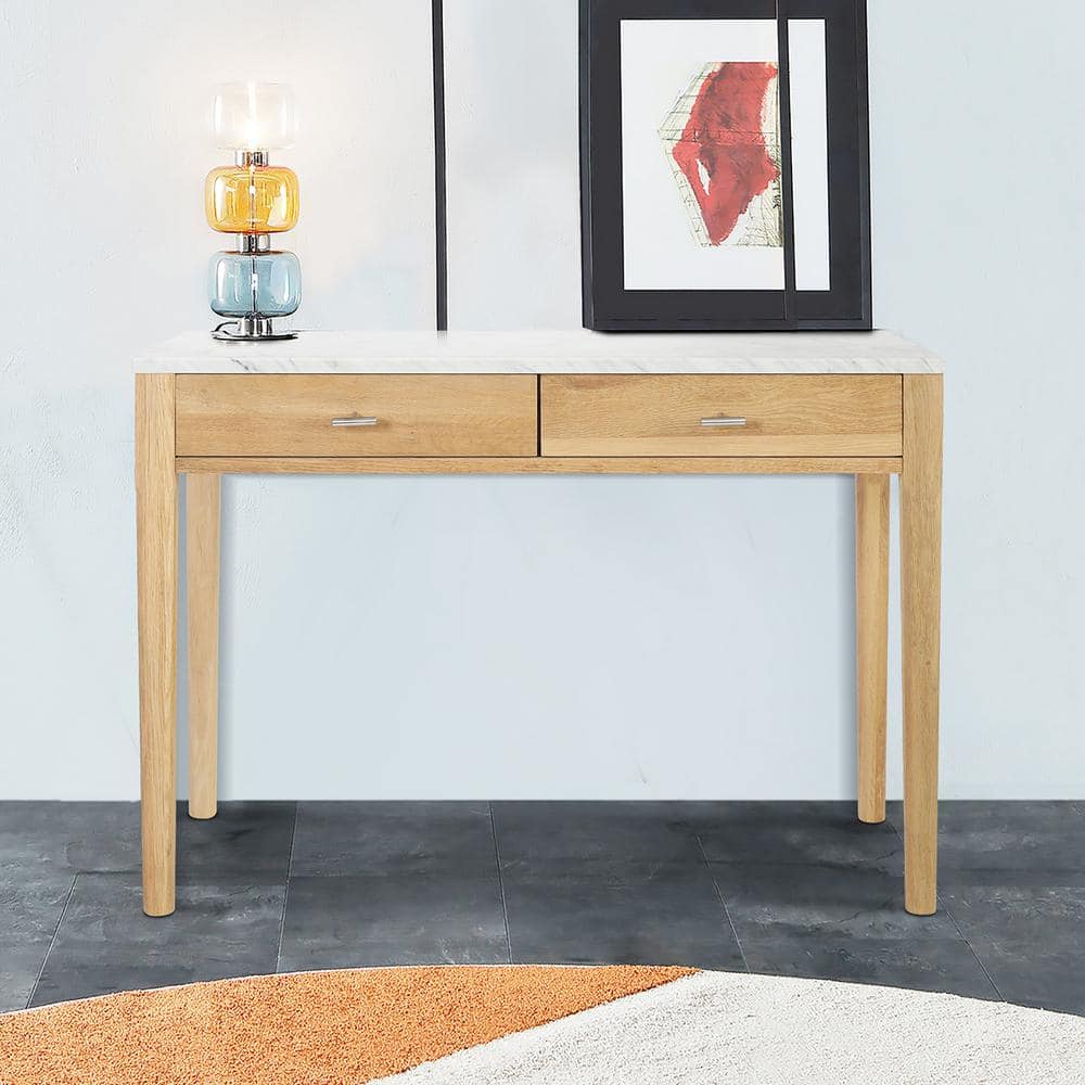 Transitional Carrara Marble & Oak Console Table with Storage