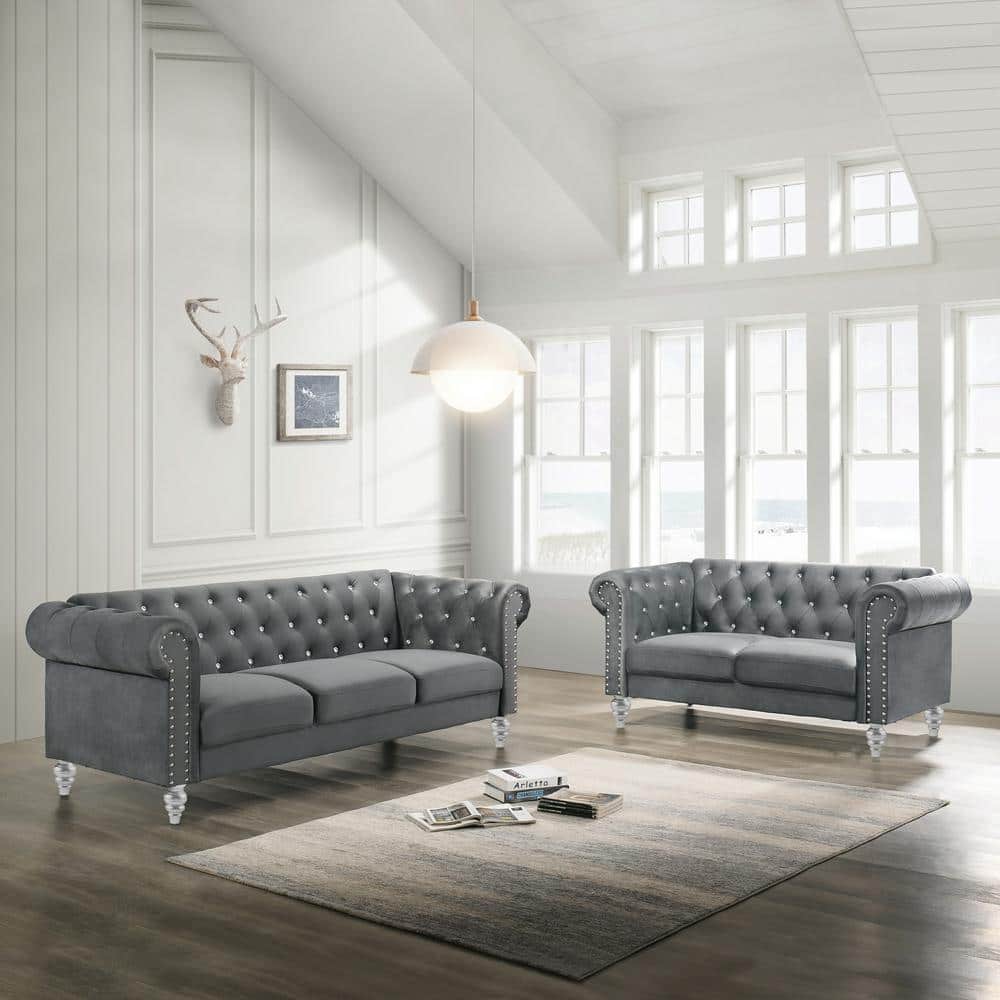 Emma Gray Velvet Chesterfield Loveseat and Sofa Set with Crystal Buttons