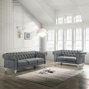 New Classic Furniture Emma 2-Piece Gray Velvet Living Room Set with Sofa and Loveseat