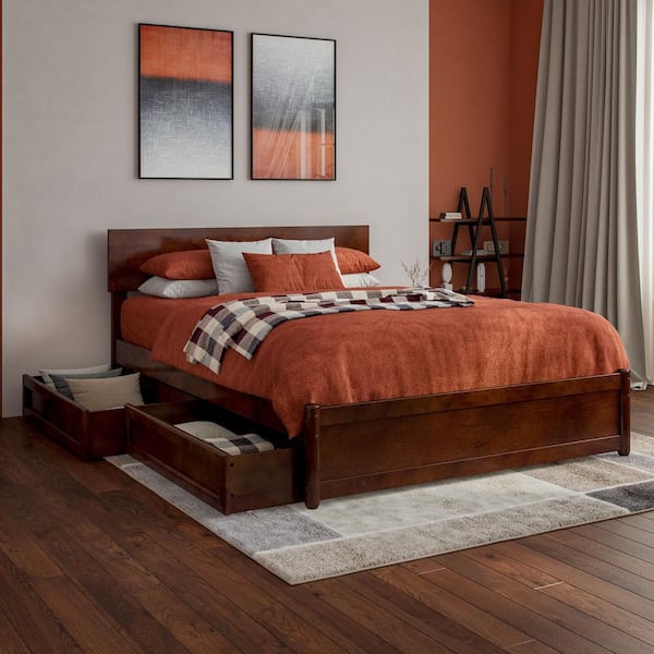 AFI Wesley Walnut Brown Solid Wood Frame Full Platform Bed with Panel Footboard and Storage Drawers