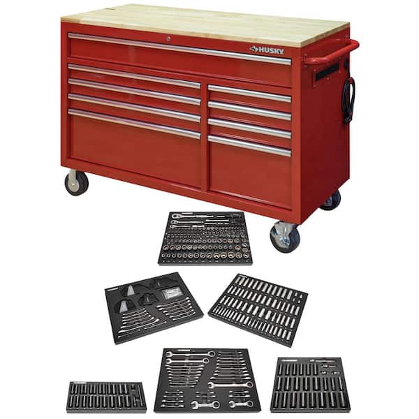 Husky 52 in. W x 25 in. D 9-Drawer Gloss Red Mobile Workbench Tool Chest with Mechanics Tool Set in Foam (370-Piece)