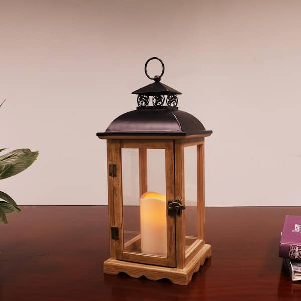 Puleo International 14-1/2 in. tall Wood and Metal Lantern with LED Candle