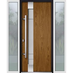 60 in. x 80 in. Right-Hand/Inswing 2 Sidelight Frosted Glass Natural Oak Steel Prehung Front Door with Hardware