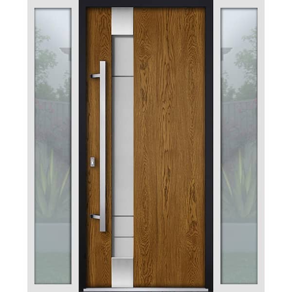 VDOMDOORS 68 in. x 80 in. Right-Hand/Inswing 2 Sidelight Frosted Glass Natural Oak Steel Prehung Front Door with Hardware