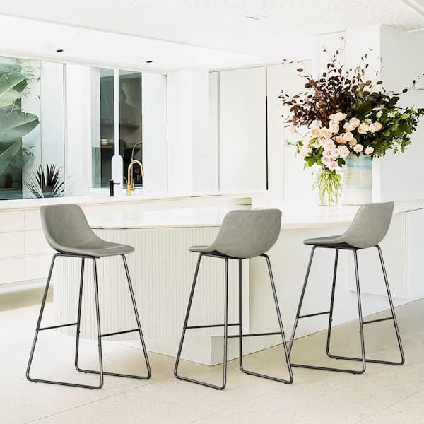 LUE BONA 39 in. Gray Faux Leather Bar Stools Metal Frame Counter Height Bar Stools (Set of 3)