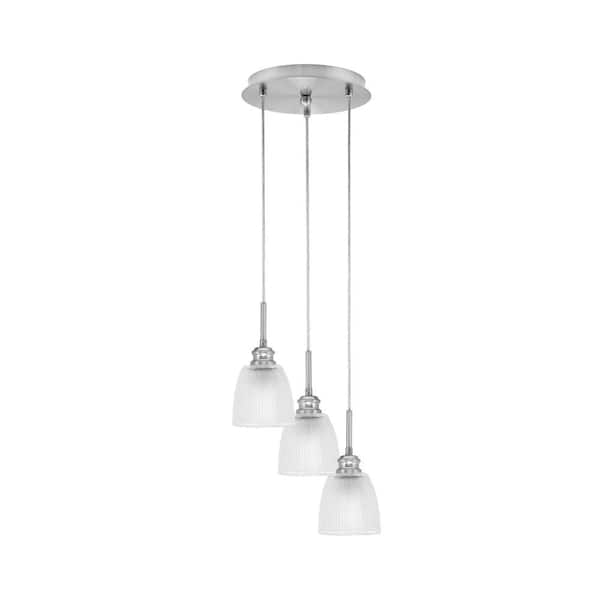 Unbranded Savannah 10 in. 3-Light Brushed Nickel Cord Pendant Light Clear Ribbed Glass Shade