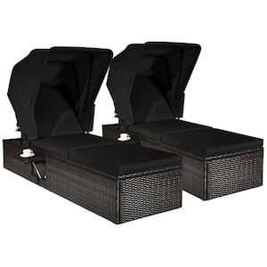 2-Piece Wicker Outdoor Chaise Lounge with Top Canopy Tea Table Cushion Black Adjustable