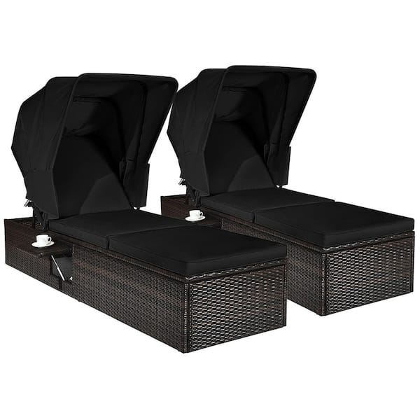 Costway 2-Piece Wicker Outdoor Chaise Lounge with Top Canopy Tea Table Cushion Black Adjustable