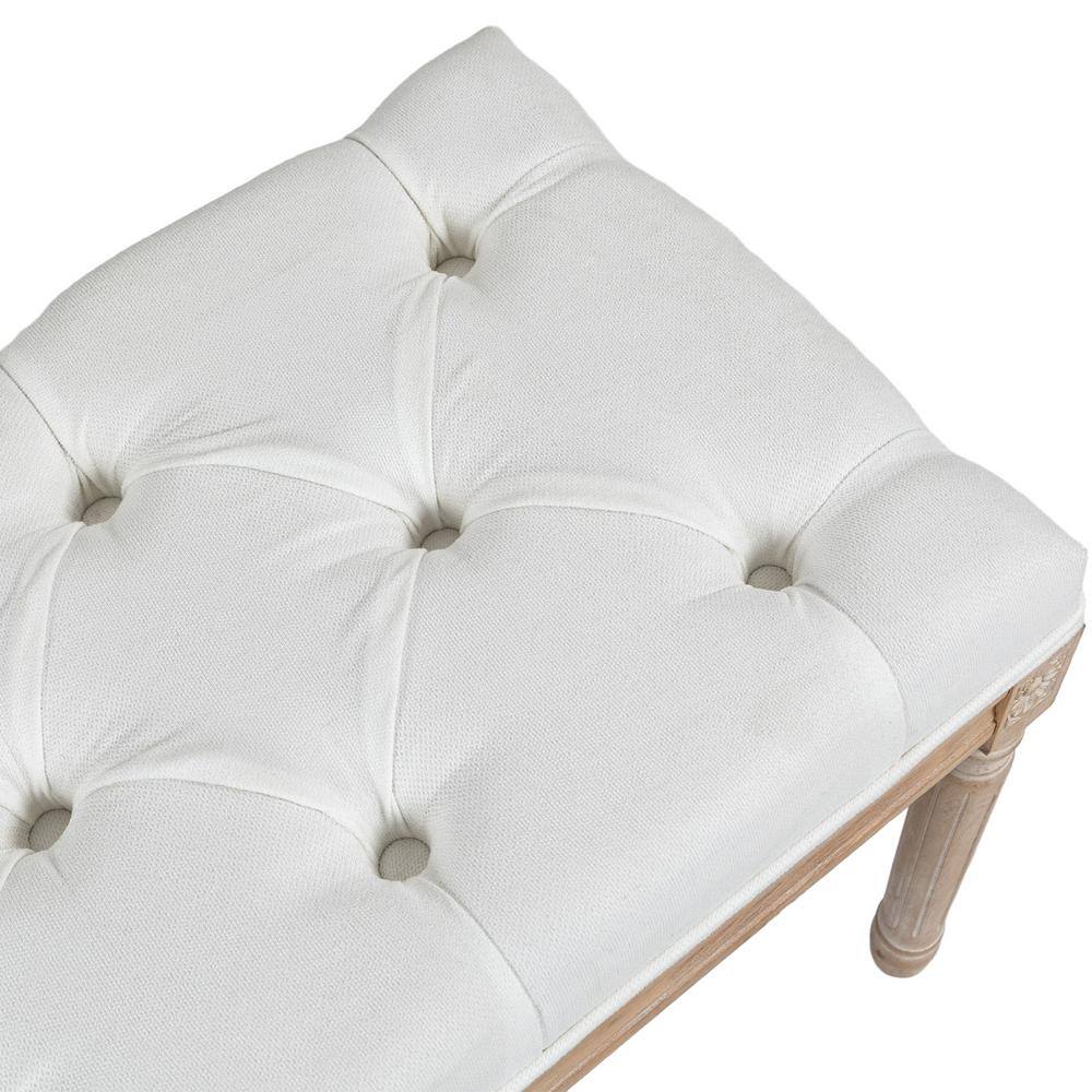 Cream Linen Upholstered Tufted Bedroom Bench with Wood Legs