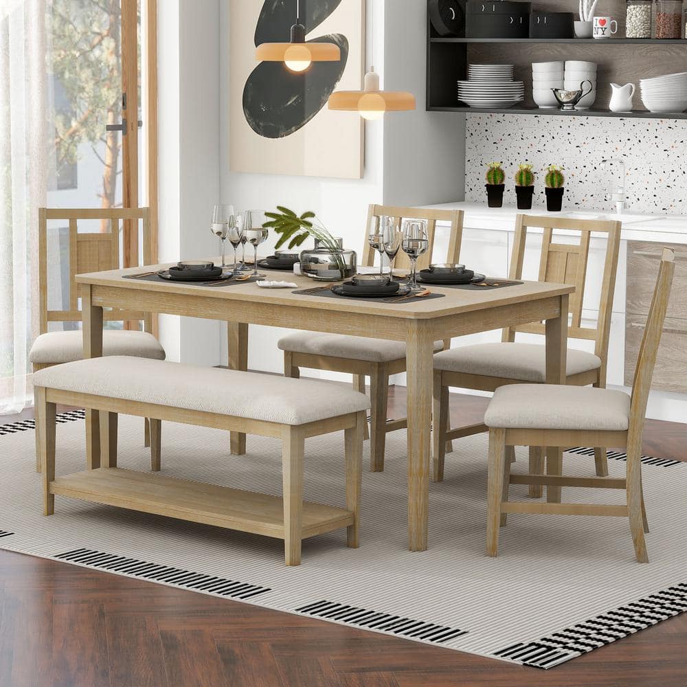 Nestfair 6-Piece Natural Wood Wash MDF Top Dining Table Set with 4 ...