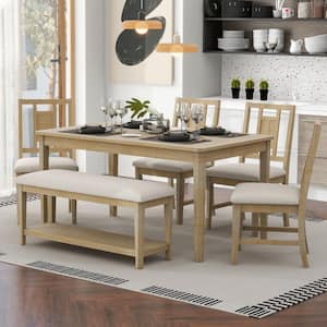 6-Piece Natural Wood Wash MDF Top Dining Table Set with 4 Upholstered Chairs and 1 Bench with a Shelf