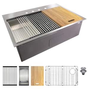Workstation 30 in. Drop-in Single Bowl Stainless Steel 4-Hole Kitchen Sink with Accessories