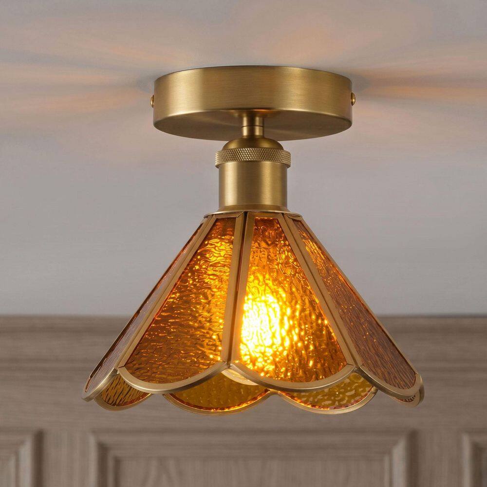 7.87 in. 1‑Light Vintage Lantern Brushed Brass Semi-Flush Mount with Water‑Ripple Glass Shade for Foyer price history on PriceWatchPro