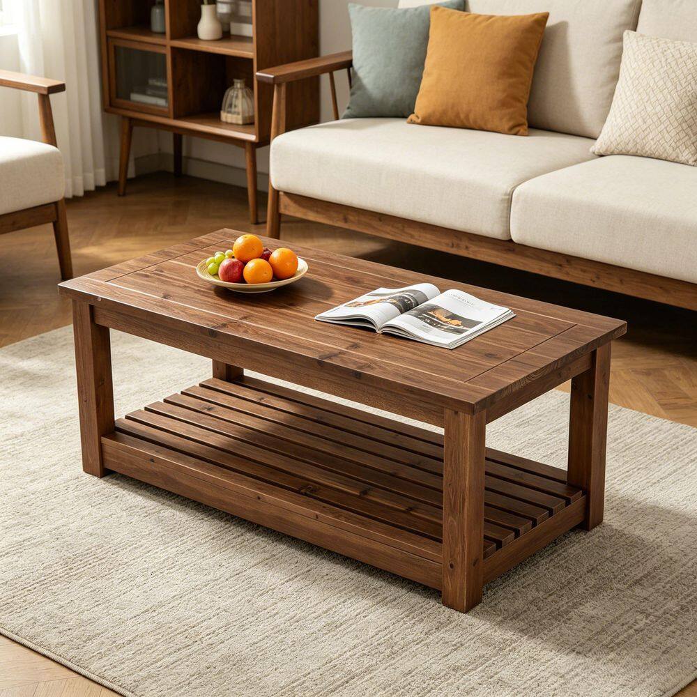 47.2 in Farmhouse Brown Rectangle Solid Wood Coffee Table with Open Storage, Center Sofa Table with Wood Grain Finish