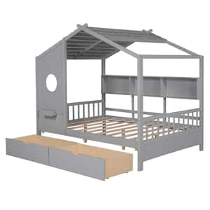 Gray Wood Full Size House Bed with 2 Under-bed Drawers, Storage Shelves and Shelf Compartment
